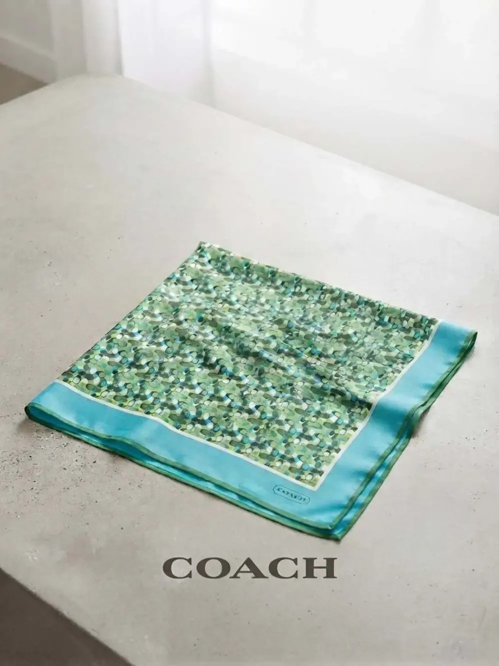 COACH Vintage Silk Scarf Geometric Mod Oval Print Blue Green Headwear
